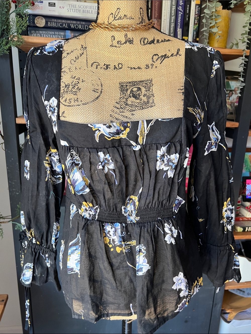 Free People Black Floral Blouse with Blue and Yellow Accents